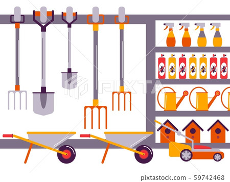 Gardening tools in shop, vector illustration. Flat style garden equipment on store shelves. Shovel Gardening tools in shop, vector illustration. Flat style garden equipment on store shelves. Shovel 59742468