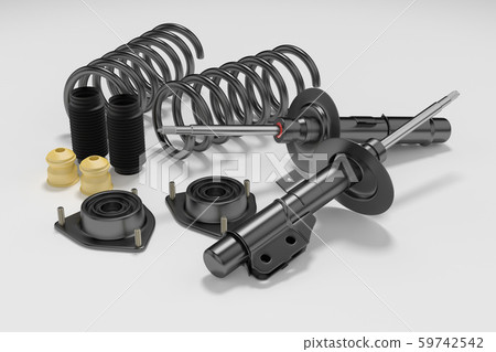 Passenger car Shock Absorber with dust cap, buffer mounting and strut mounting. 3D rendering. Passenger car Shock Absorber with dust cap, buffer mounting and strut mounting. 3D rendering. 59742542