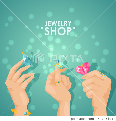 Jewelry shop poster, vector illustration. Hands holding jewels with sparkling gems and diamonds 59743194