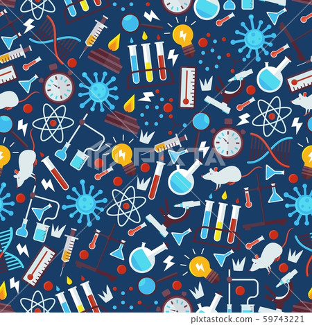 Chemistry seamless pattern, vector illustration. Laboratory research icons in flat style, chemical 59743221
