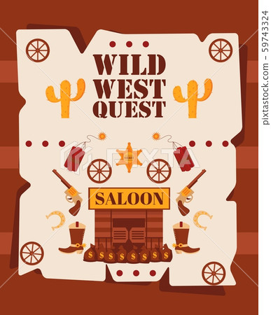 Wild West quest poster, vector illustration. Cartoon style symbols of American western cowboy 59743324