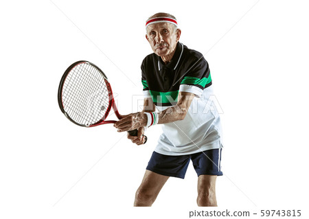 Senior man playing tennis in sportwear isolated on white background 59743815