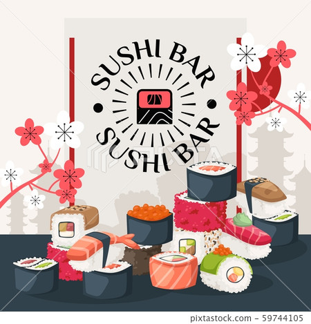 Sushi bar poster, vector illustration. Asian restaurant menu cover, sushi delivery advertisement Sushi bar poster, vector illustration. Asian restaurant menu cover, sushi delivery advertisement 59744105