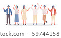 Collection of joyful people greet and wave their hand. Happy and young character isolated on white background. cheerful smiling. Men, women in casual clothes, national costumes say hello. Flat style. 59744158