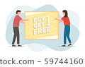 Young man and girl holding blank banner for special event text. Characters hand holding coupons Sign template. Placard. Board. Advertising concept. Isolated vector illustration in flat style. 59744160