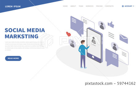 Social media business concept with characters. Message. Self photo. mobile phone. Online shopping, digital marketing. Landing page template. Use for web and banner. 3d vector isometric illustration. 59744162