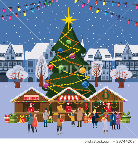 Christmas village, winter town, souvenirs market stalls with decorations souvenirs and bakery. Big 59744202