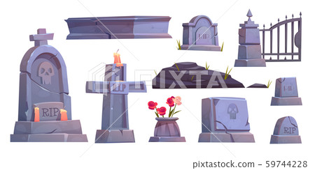 Cemetery set, graveyard tombstone, metal gate 59744228