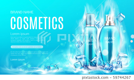 Cosmetics bottles in dry ice steaming cubes mockup 59744267