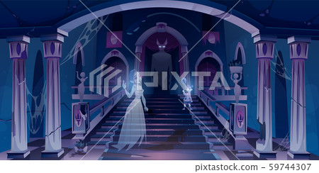 Old castle with ghosts flying in dark scary room Old castle with ghosts flying in dark scary room 59744307