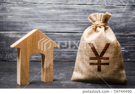 Yen yuan symbol money bag and house. Real estate purchase and investment. Affordable cheap loan, mortgage. Taxes, rental income. rent or buy. Home budget. Maintenance of a residential building. Yen yuan symbol money bag and house. Real estate purchase and investment. Affordable cheap loan, mortgage. Taxes, rental income. rent or buy. Home budget. Maintenance of a residential building. 59744490