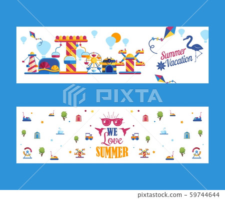 Amusement park banner, vector illustration. Flat icons for summer fairground, carousels and 59744644