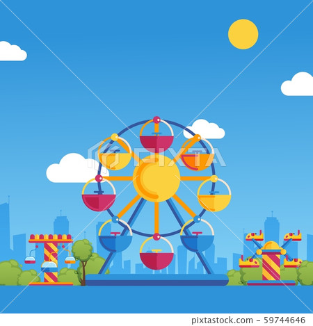 Amusement park vector illustration. Summer fairground carousels on sunny day in city park. Fun Amusement park vector illustration. Summer fairground carousels on sunny day in city park. Fun 59744646