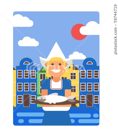Netherlands poster in simple flat style, vector illustration. Smiling girl in traditional Dutch 59744719