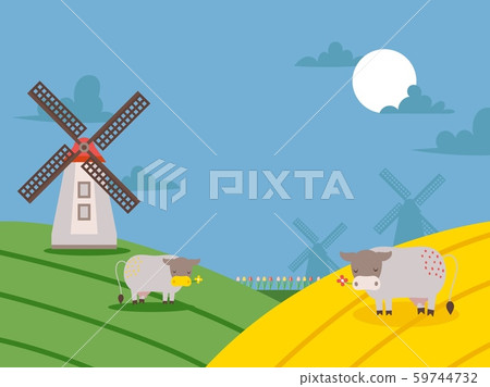 Rural landscape with windmills and fields, vector illustration. Countryside background in cartoon 59744732