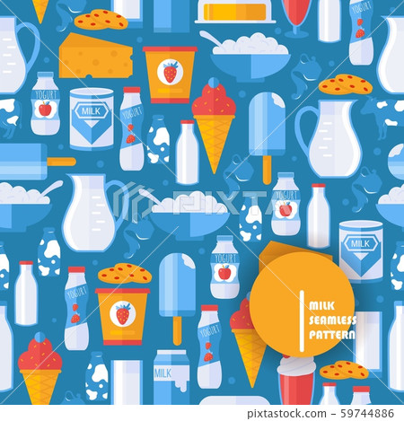 Fresh milk and dairy products in seamless pattern, vector illustration. Isolated flat icons of Fresh milk and dairy products in seamless pattern, vector illustration. Isolated flat icons of 59744886