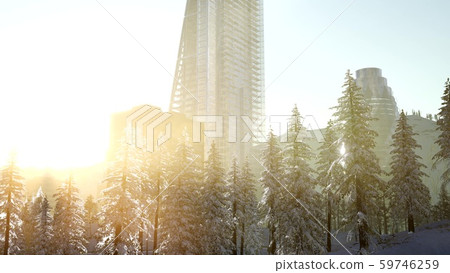 sity and forest in snow at sunrise sity and forest in snow at sunrise 59746259