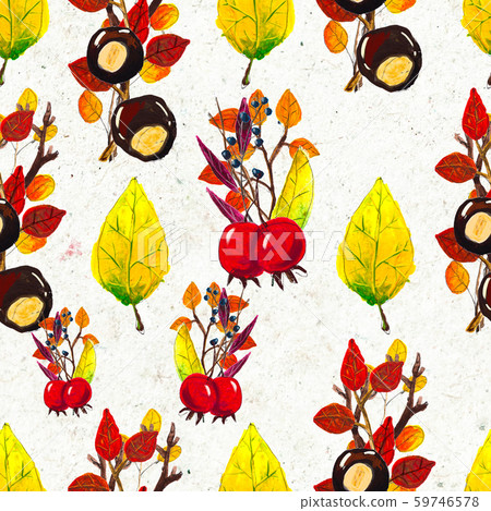 Autumn watercolor hand drawn seamless pattern with leaves mushrooms and pine cones Autumn watercolor hand drawn seamless pattern with leaves mushrooms and pine cones 59746578