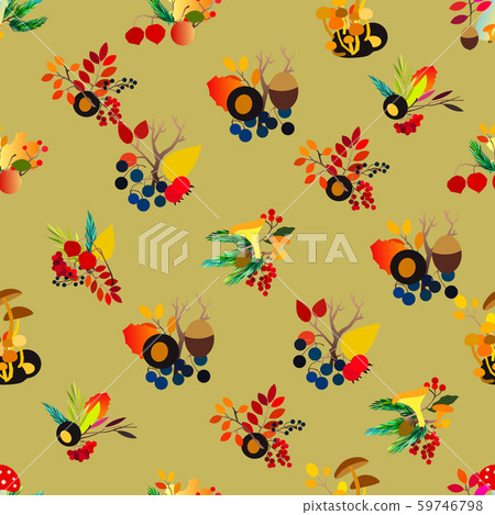 Autumn seamless pattern with berries, acorns, pine cone, mushrooms, branches and leaves. Autumn seamless pattern with berries, acorns, pine cone, mushrooms, branches and leaves. 59746798