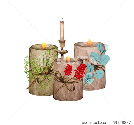 Christmas decorations of candles and winter tree. Watercolor Christmas composition. Watercolor candle with decor set. Hand painted winter illustration. Christmas decorations of candles and winter tree. Watercolor Christmas composition. Watercolor candle with decor set. Hand painted winter illustration. 59748887