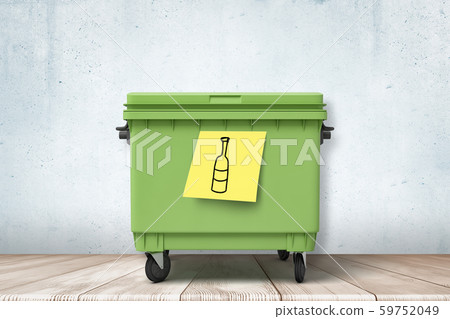 3d rendering of green trash can standing on wooden floor, yellow post-it note with hand-drawn bottle 59752049