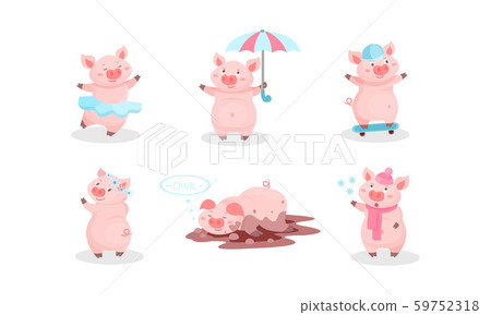 Cartoon Pig Character Vector Set. Piggie Lying in Dirty Puddle, Dancing and Skateboarding 59752318