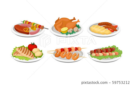 Grilled Food Vector Set. Barbeque Meat and Fish Collection Grilled Food Vector Set. Barbeque Meat and Fish Collection 59753212