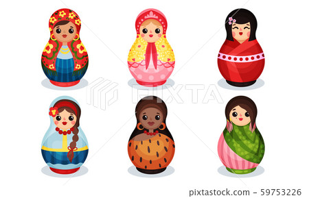 Nesting Dolls in Colorful Costumes of Different Countries Vector Set 59753226