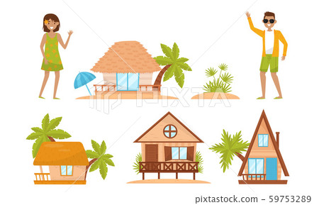 Summer Beach Houses Vector Set. People Characters Enjoying Vacation Time Summer Beach Houses Vector Set. People Characters Enjoying Vacation Time 59753289