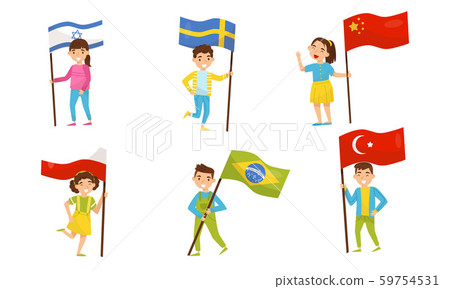 Children hold flags of different countries. Vector illustration. 59754531