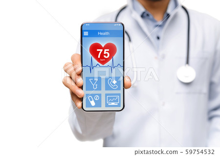 Male doctor holding smartphone with health rate information on screen 59754532