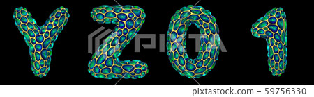 Realistic 3D letters set Y, Z, 0, 1 made of gold shining metal letters. 59756330