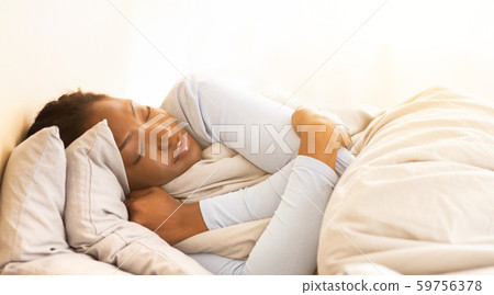 Afro Girl Sleeping Hugging Blanket In Bedroom In Morning, Panorama Afro Girl Sleeping Hugging Blanket In Bedroom In Morning, Panorama 59756378