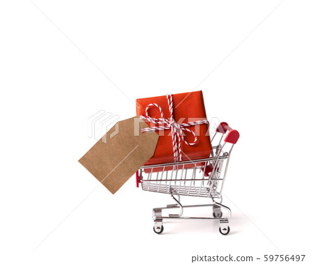 Trolley with present box and label for text isolated on white 59756497