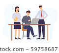 Team interaction activities vector, man and woman sitting by table discussion and brainstorming. Conference and seminar, presentation whiteboard. Team work and partnership concept. Vector illustration 59758687