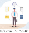 Businessman is standing and holding briefcase. Time management, multi-tasking, planning and strategy. Modern vector illustration concepts. Flat style. Clock. File. Mobile phone.. Notebook. E-mail. 59758688