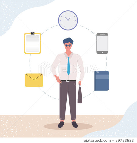 Businessman is standing and holding briefcase. Time management, multi-tasking, planning and strategy. Modern vector illustration concepts. Flat style. Clock. File. Mobile phone.. Notebook. E-mail. 59758688