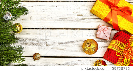 Christmas frame ball decorations and gift box with copy space Christmas frame ball decorations and gift box with copy space 59758755