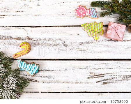 Christmas frame ball decorations and tinsel with copy space 59758990