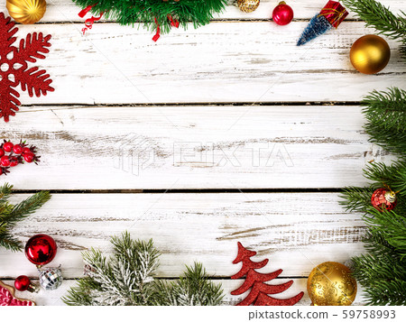 Christmas frame ball decorations and tinsel with copy space 59758993