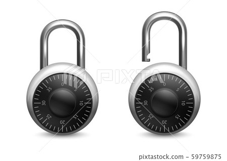 Vector 3d Realistic Closed, Opened Metal Steel Chrome Silver Padlock Icon Set Closeup Isolated on 59759875