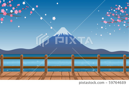 view of fuji mountain at the river in japanese 59764689