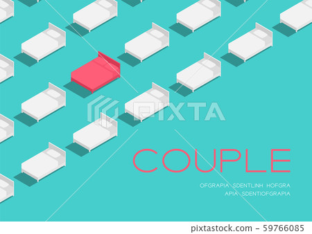Bed king and twin size 3d isometric pattern, Couple relationship lifestyle concept poster and social banner post horizontal design illustration isolated on blue background with space, vector eps 10 59766085