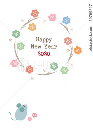 帶有可愛北歐風格花卉租賃和鼠標的新年賀卡 帶有可愛北歐風格花卉租賃和鼠標的新年賀卡 59769797