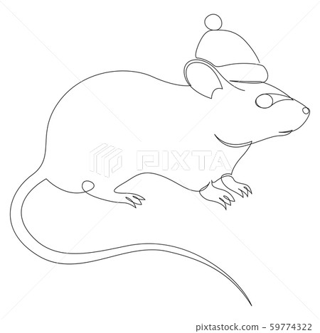 One line rat or mouse drawing. Symbol of the year. Cartoon mouse in Santa hat. Christmas card 59774322