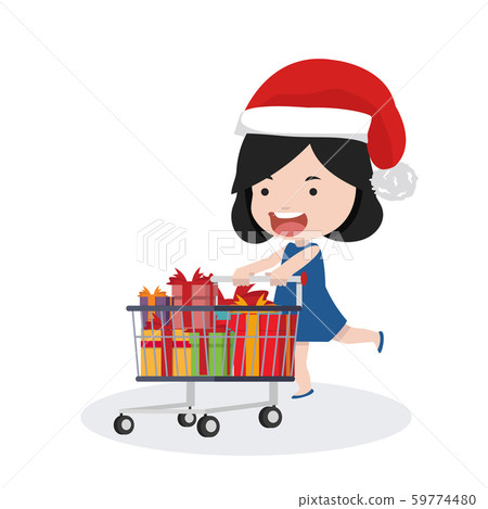 girl push shopping cart flat cartoon - Stock Illustration [59774480] - PIXTA