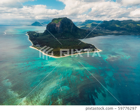 Tropical island with Le Morne mountain, ocean and beach in Mauritius. Aerial view 59776297