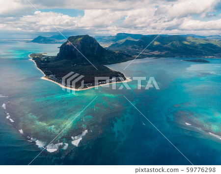 Tropical island with Le Morne mountain, ocean and beach in Mauritius. Aerial view 59776298