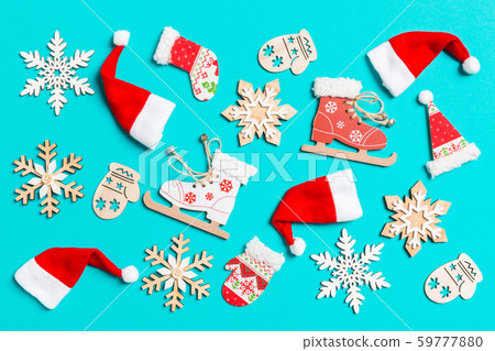 Top view of Christmas decorations and Santa hats Top view of Christmas decorations and Santa hats 59777880