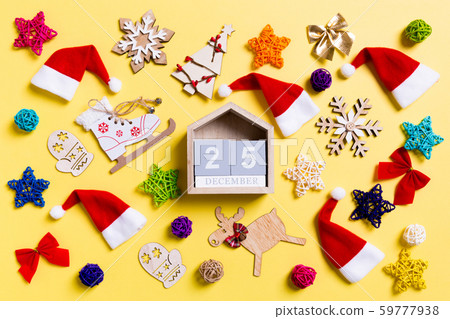 Top view of wooden calendar with Christmas Top view of wooden calendar with Christmas 59777938